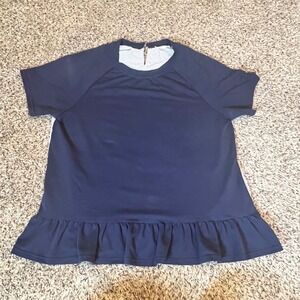 Main Strip Womens Navy Mixed Media Peplum Top Striped Eyelet Back Medium